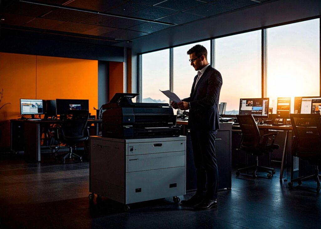 Firefly A Wide Angle Cinematic Shot Of A Modern Office With A Man Standing At A Printer With 652221 1 Scaled E1753081940856