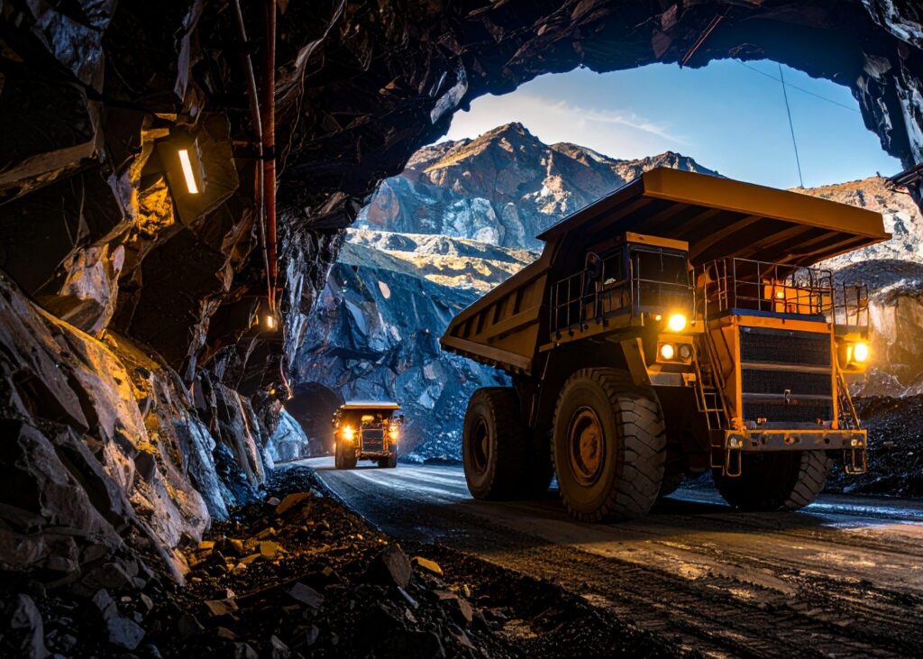 Firefly A Wide Angle Cinematic Shot Of A Truck Driving Through An Underground Mine With Rock 652221 Scaled E1753081916959